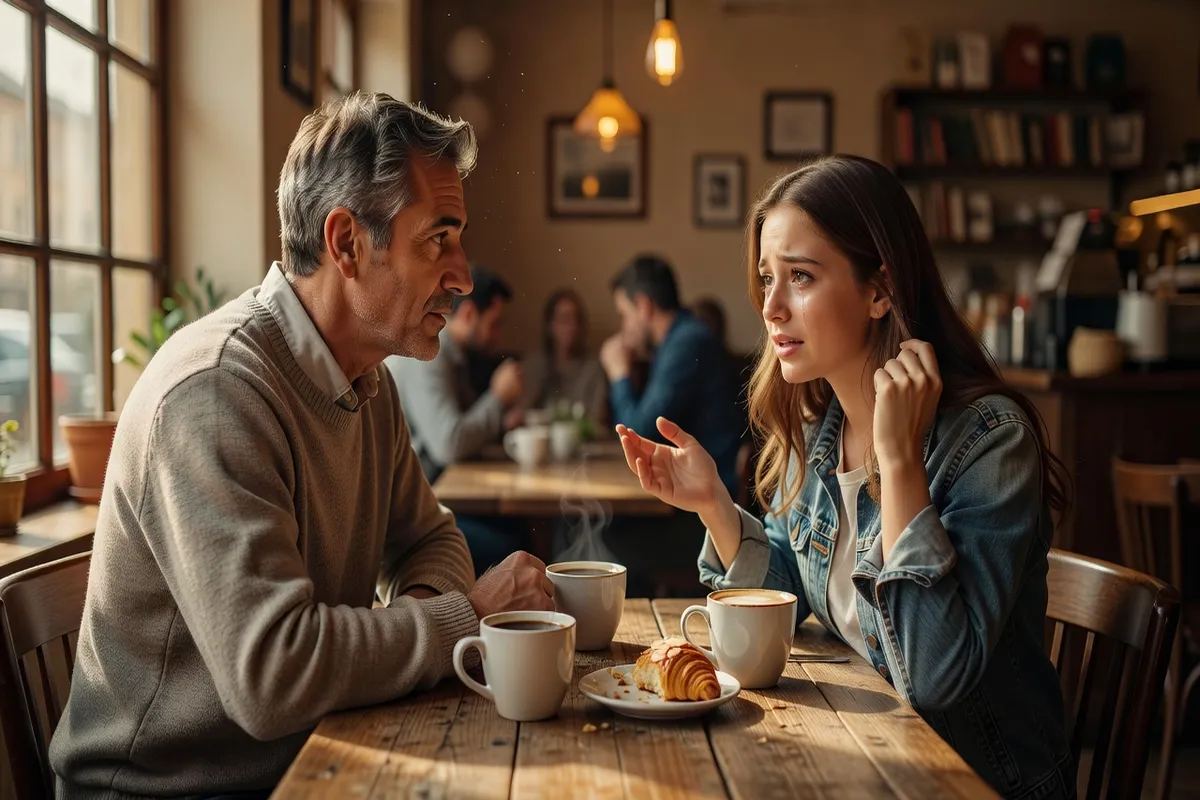 Père et fille adolescente en conversation sincère au café