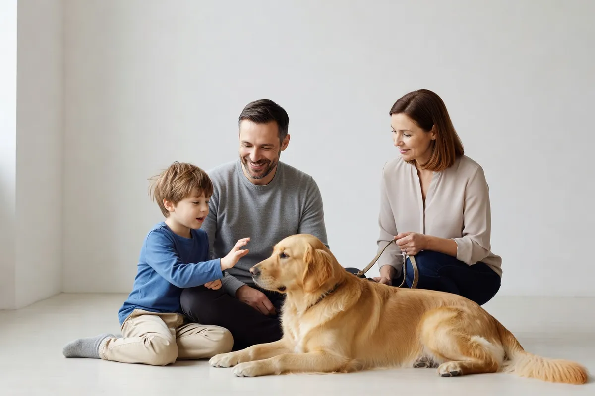 Un père et son enfant rencontrent un chien avec une personne du refuge.