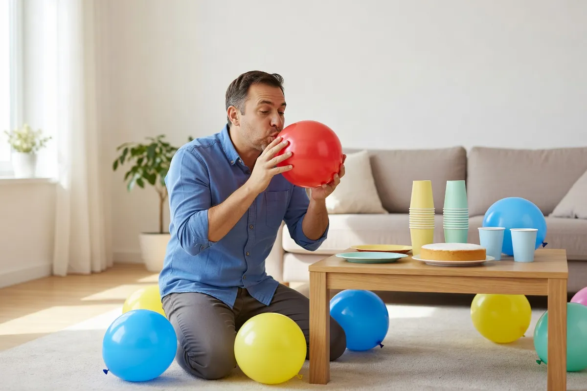 Un adulte prépare un espace de jeux pour un anniversaire d'enfant à la maison.