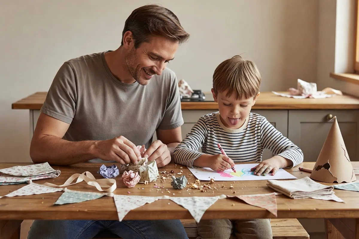 Un père et son enfant rangent après une fête d'anniversaire autour de la table de cuisine.