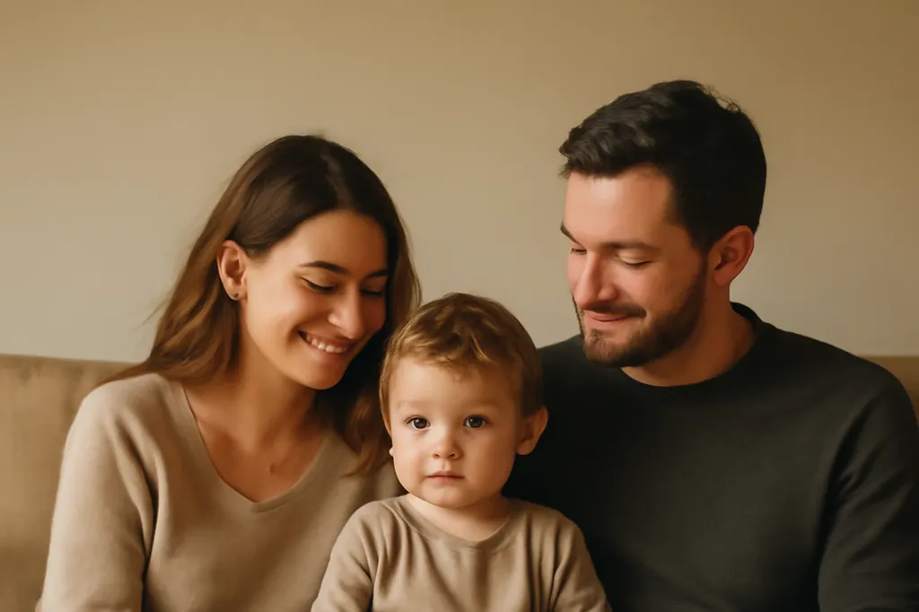 Parents et enfant assis ensemble sur le canapé du salon