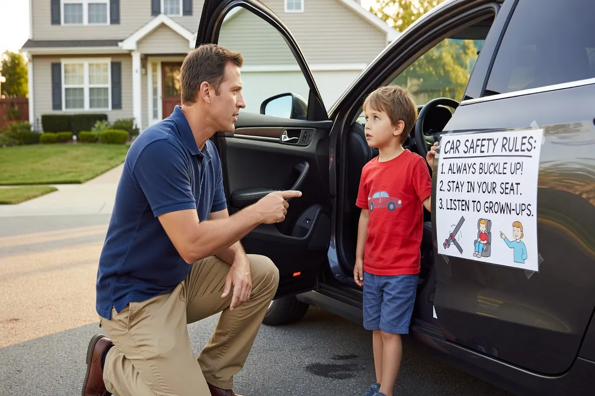Père expliquant les règles de sécurité en voiture à son enfant