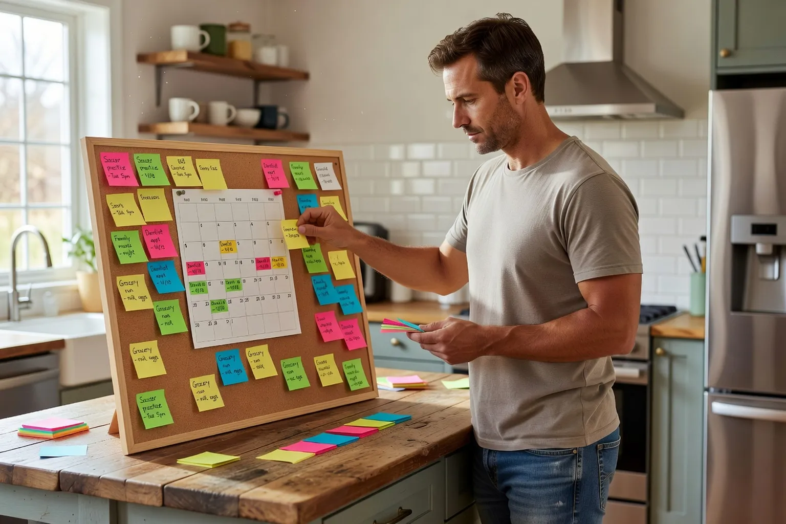 Père organisant le planning familial sur la table de la cuisine