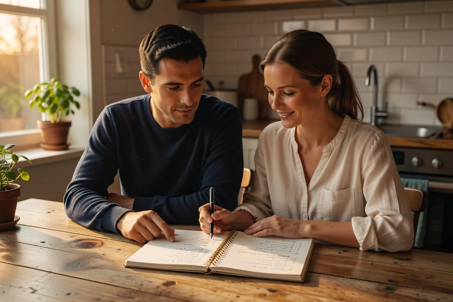 Couple discutant calmement de la répartition des tâches domestiques
