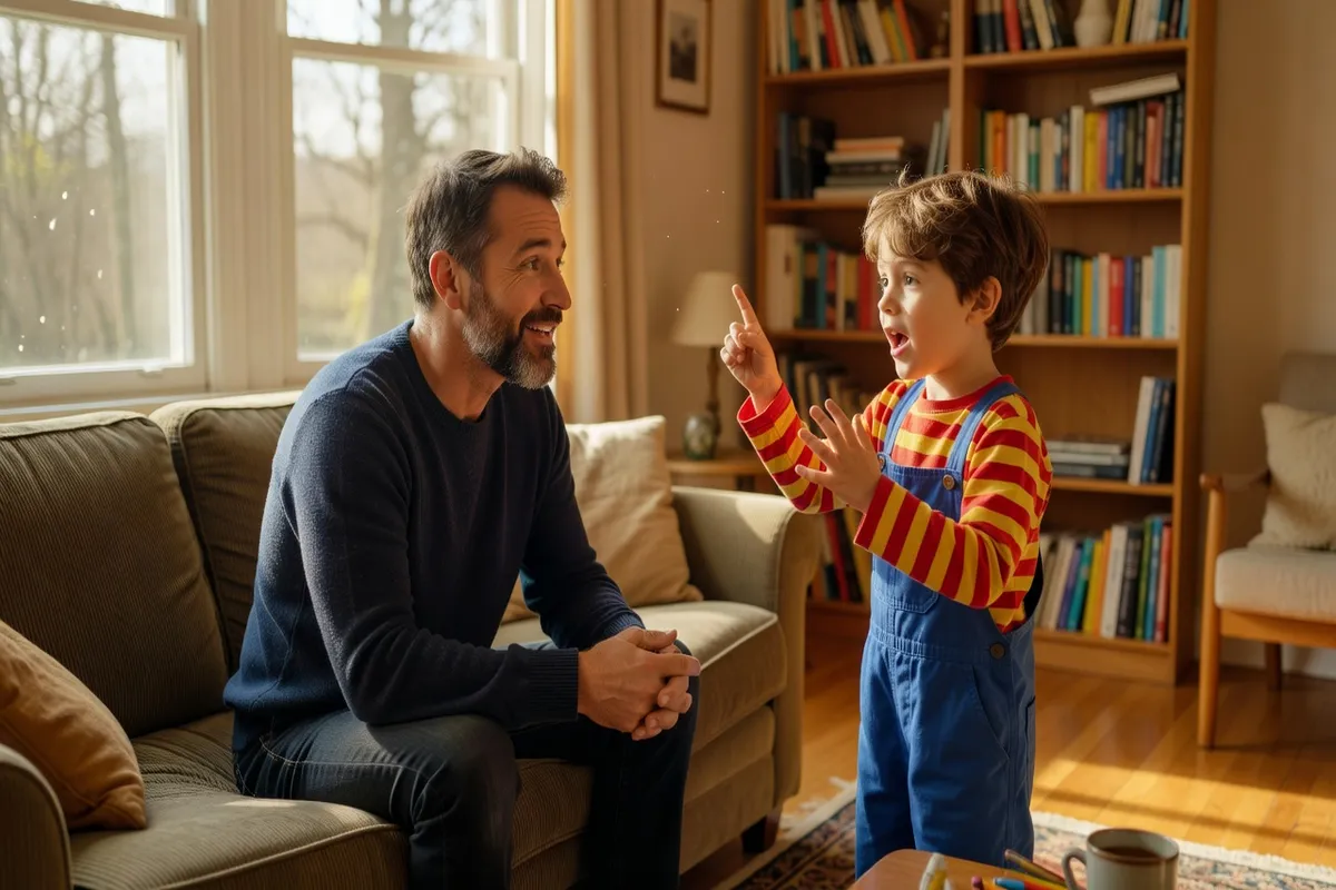 Père écoutant attentivement son enfant lui raconter sa journée