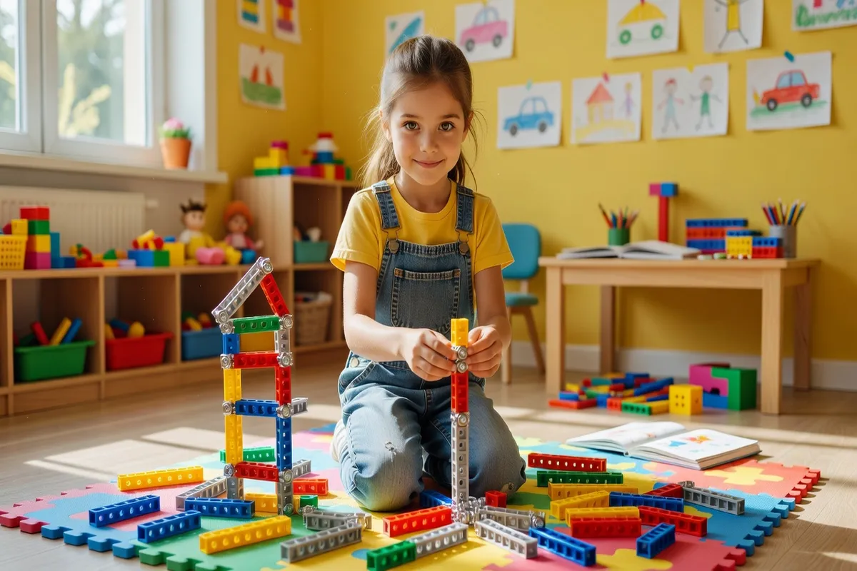 Fillette jouant avec des jouets de construction, confiante