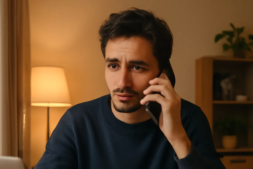 Père au téléphone dans un salon, notant des informations médicales