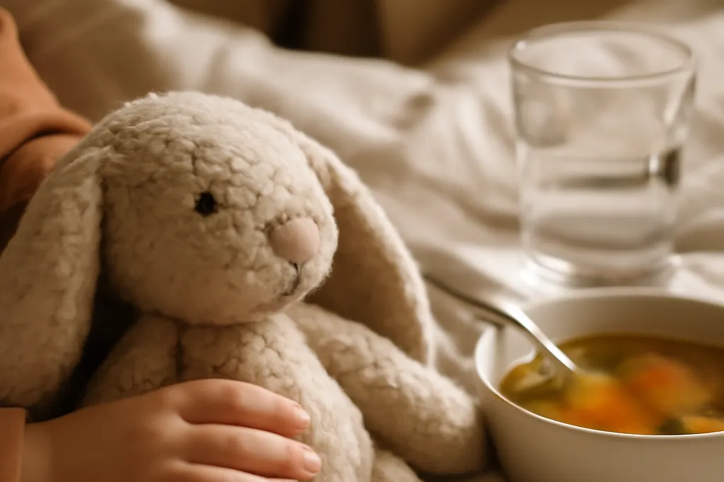 Enfant alité tenant une peluche lapin, bol de soupe et verre d'eau à proximité