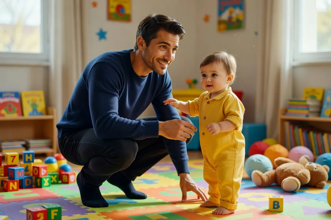 Père agenouillé jouant avec son enfant dans une salle de crèche colorée