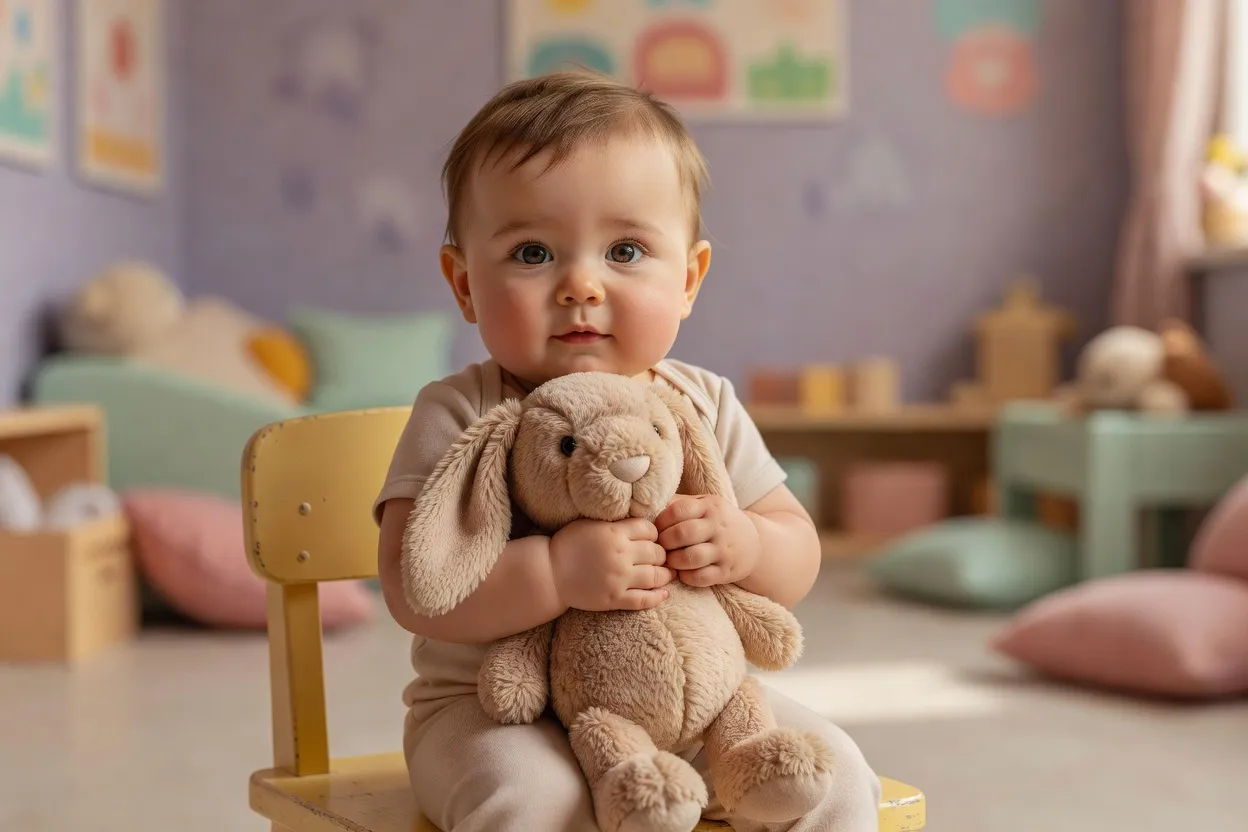 Bébé assis sur une petite chaise tenant son doudou lapin en peluche