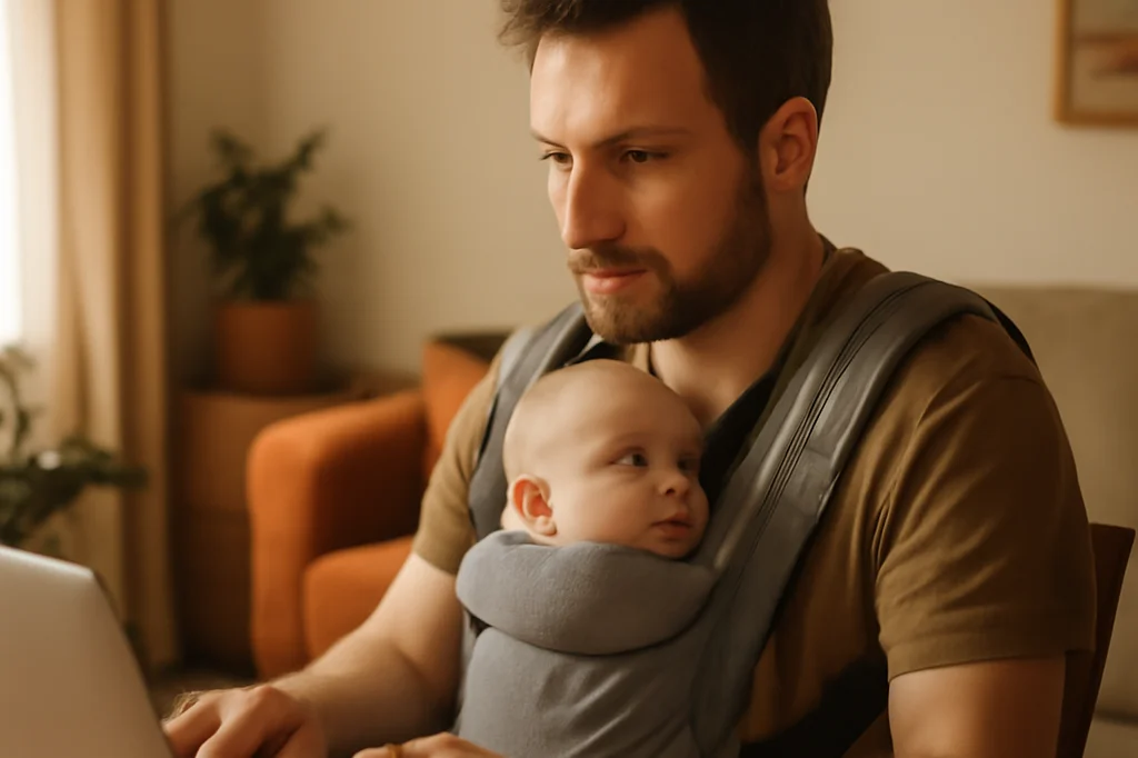 Père travaillant sur un ordinateur portable avec un bébé endormi dans un porte-bébé écharpe sur sa poitrine, salon chaleureux