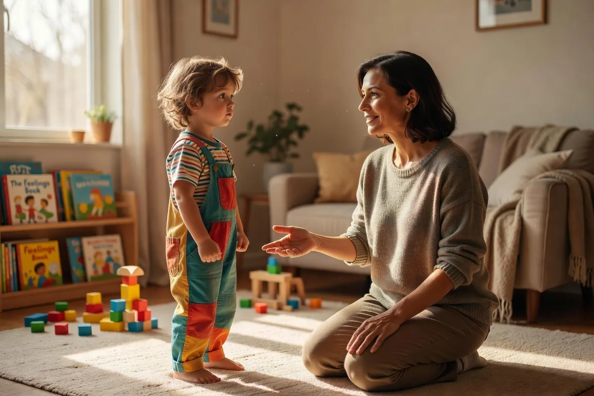 Parent utilisant la communication positive avec son enfant, discipline bienveillante