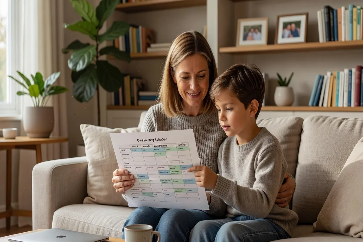 Parent et enfant consultant le calendrier de garde partagée