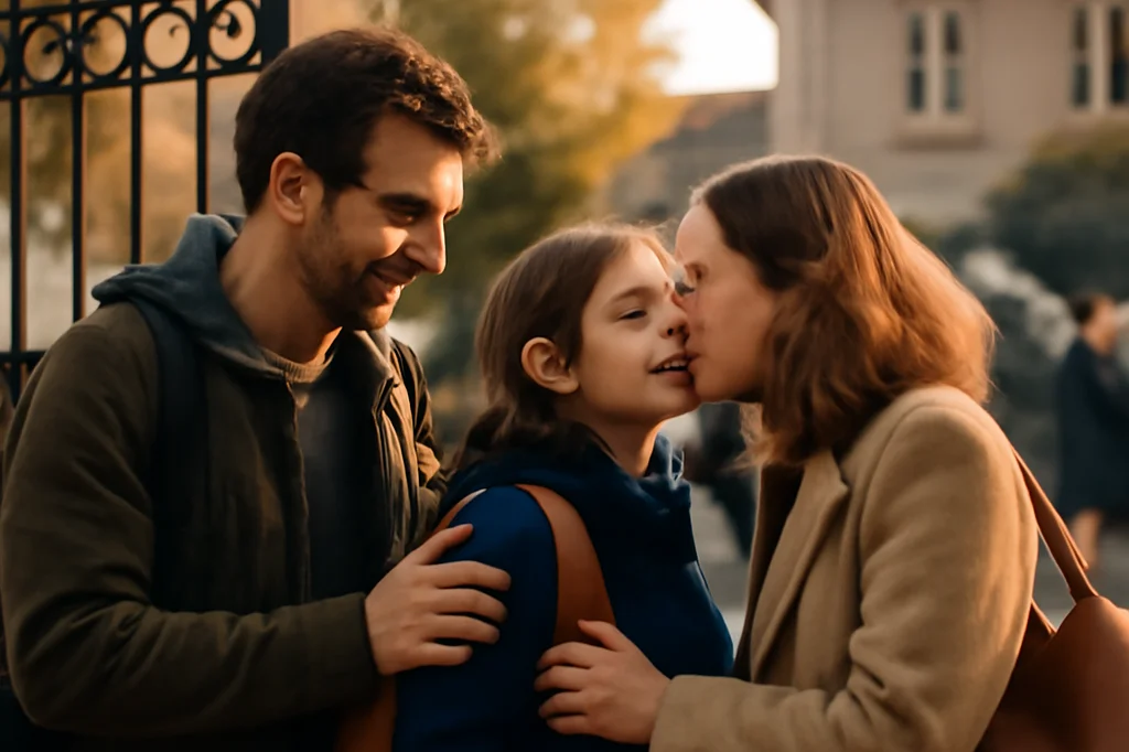Père et mère échangeant un au revoir chaleureux avec leur enfant devant le portail d'une école élémentaire