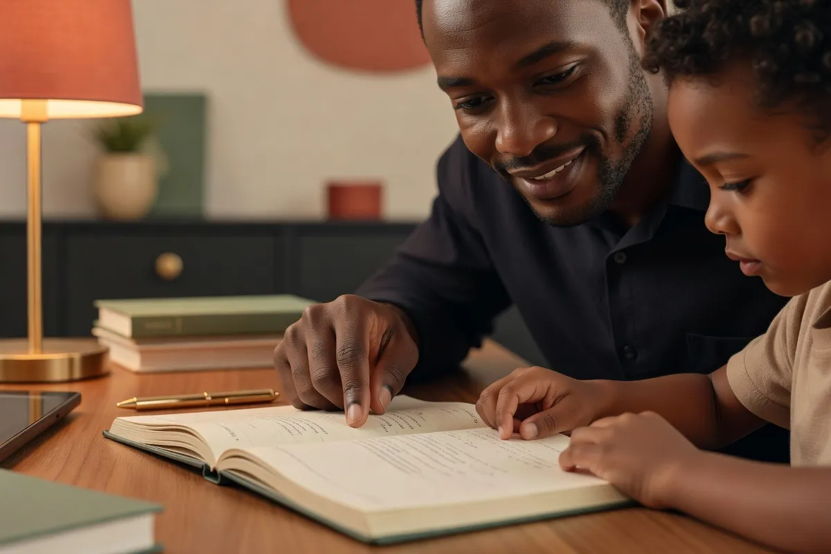 Père aidant son enfant à faire ses devoirs