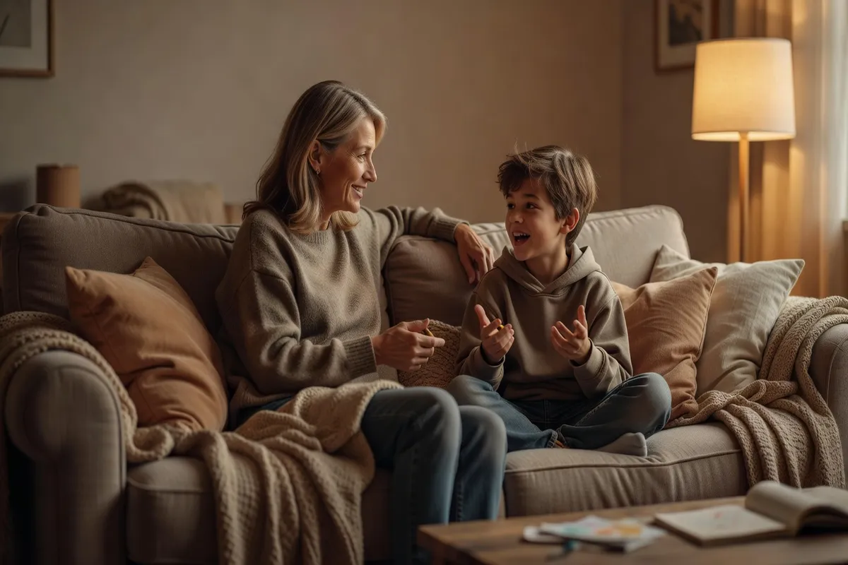 Parent et enfant scolarisé discutant de sa journée