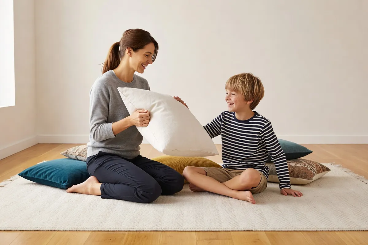Un parent et un enfant jouent doucement avec des coussins dans un salon dégagé.
