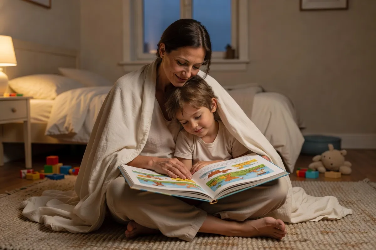 Un parent et un enfant retrouvent le calme autour d'un livre après un jeu physique.