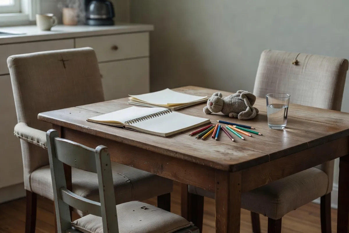 Table familiale préparée pour une discussion avec un enfant après une séparation.