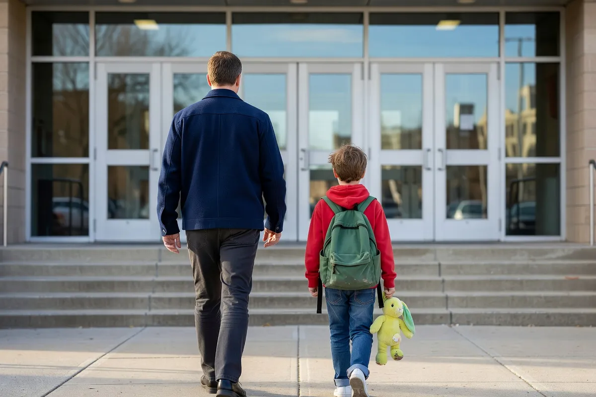 Un père et son enfant marchent vers l'école après une séparation.