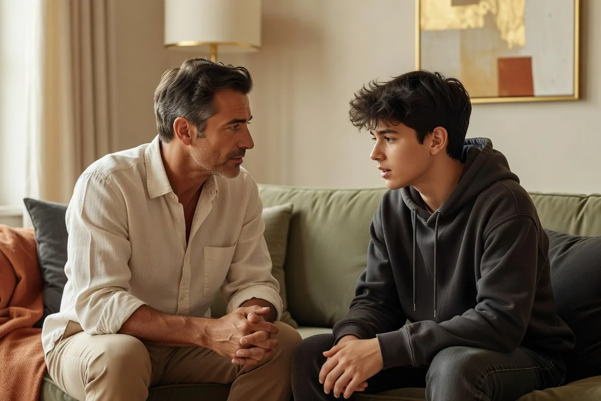 Père et adolescent discutant sereinement
