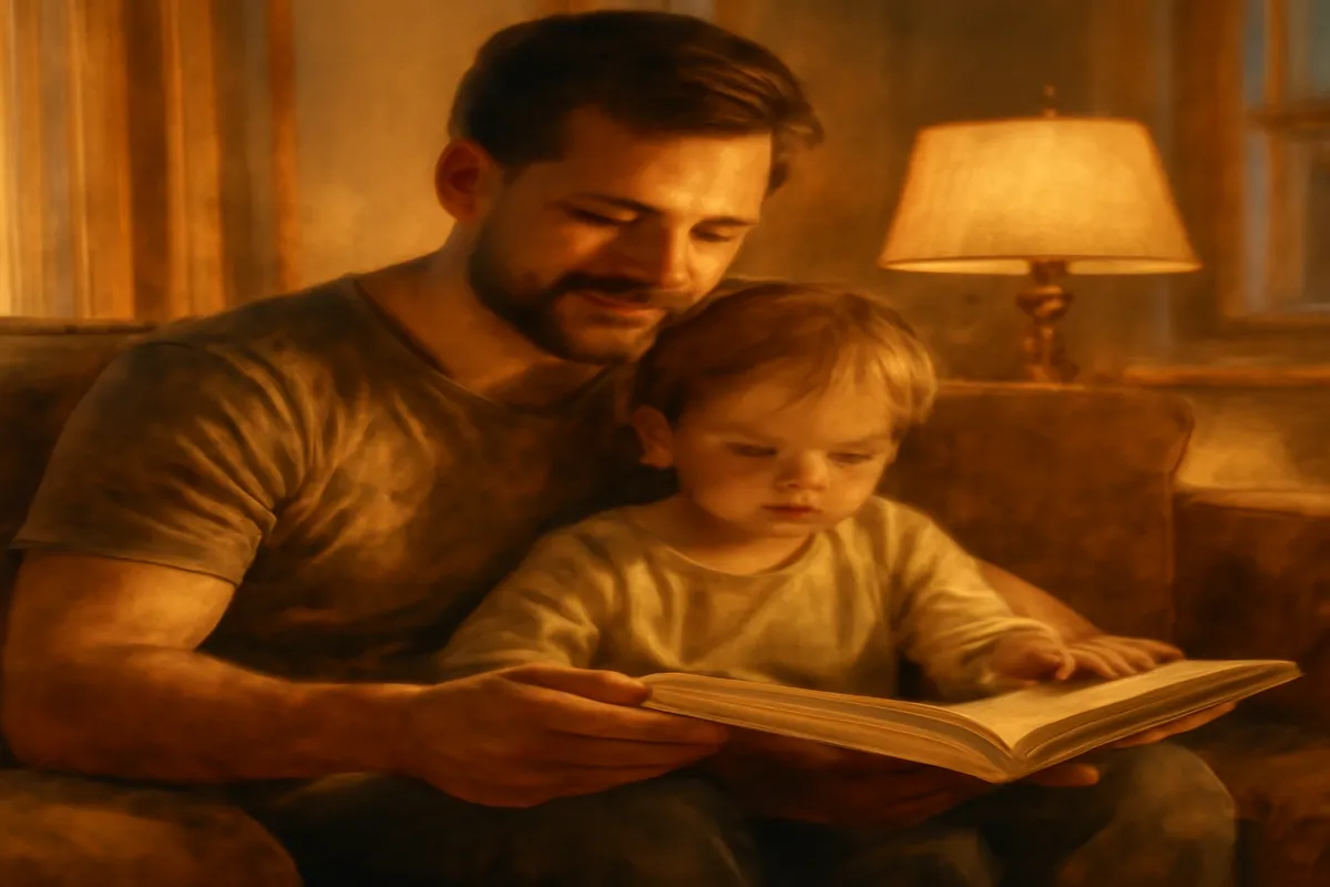 Père et enfant lisant ensemble sur le canapé