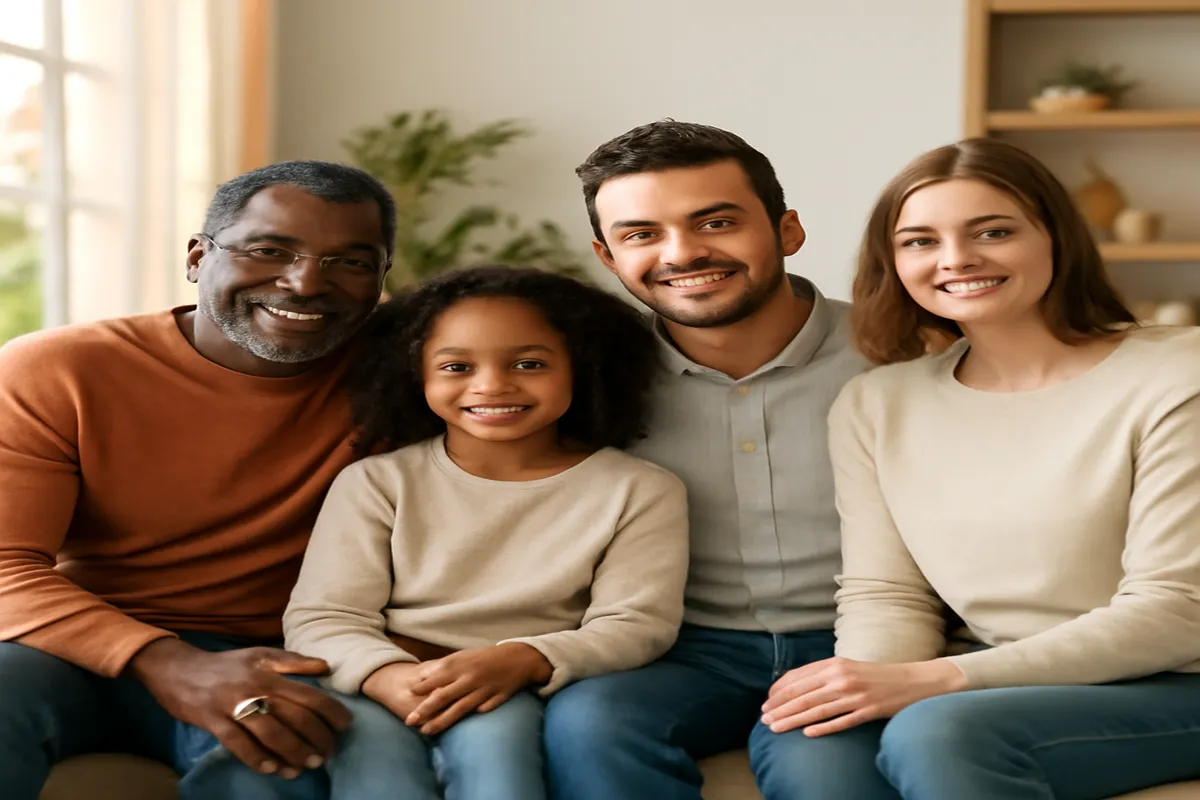 Portrait d'une famille moderne et diverse dans leur salon