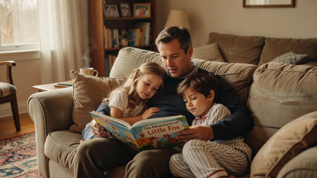 Père lisant un livre avec ses deux enfants sur le canapé