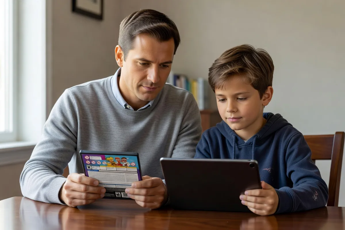 Un père et un enfant lisent ensemble les informations d'âge et de contenu d'un jeu vidéo.