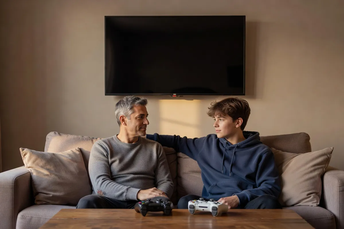 Un père et un adolescent discutent des réglages de confidentialité avant une partie en ligne.