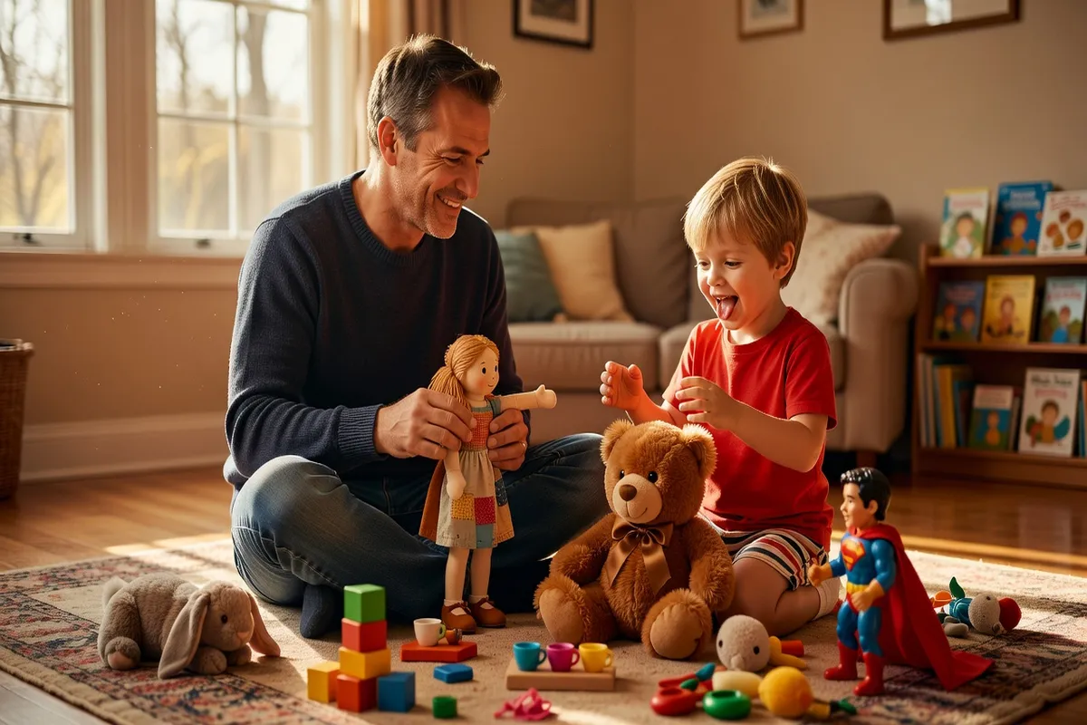 Père et fils jouant avec des poupées et peluches ensemble