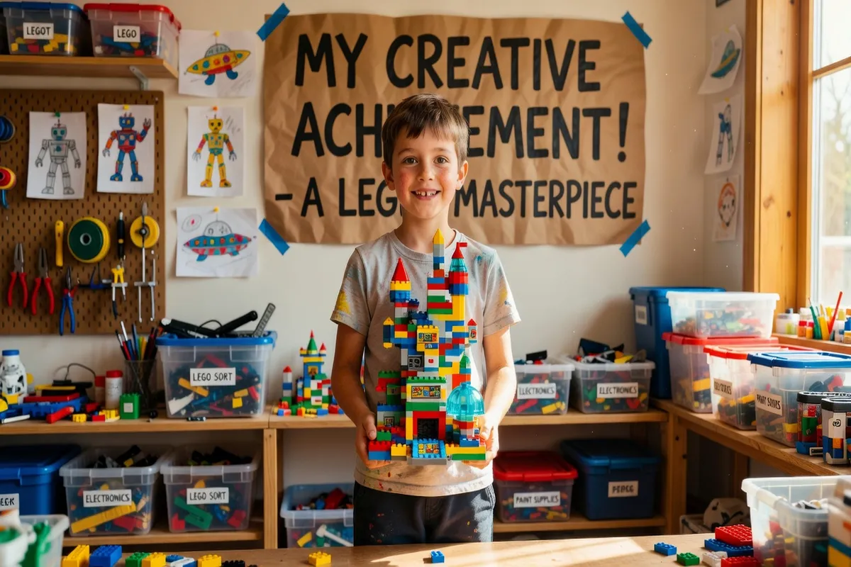 Enfant fier de sa construction Lego, jeu créatif neutre en genre