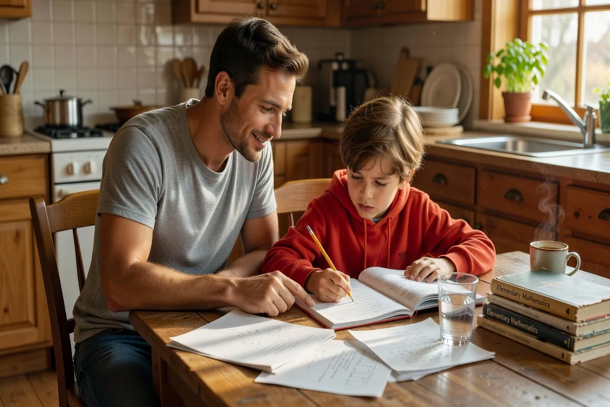 Père aidant son enfant aux devoirs, parent engagé