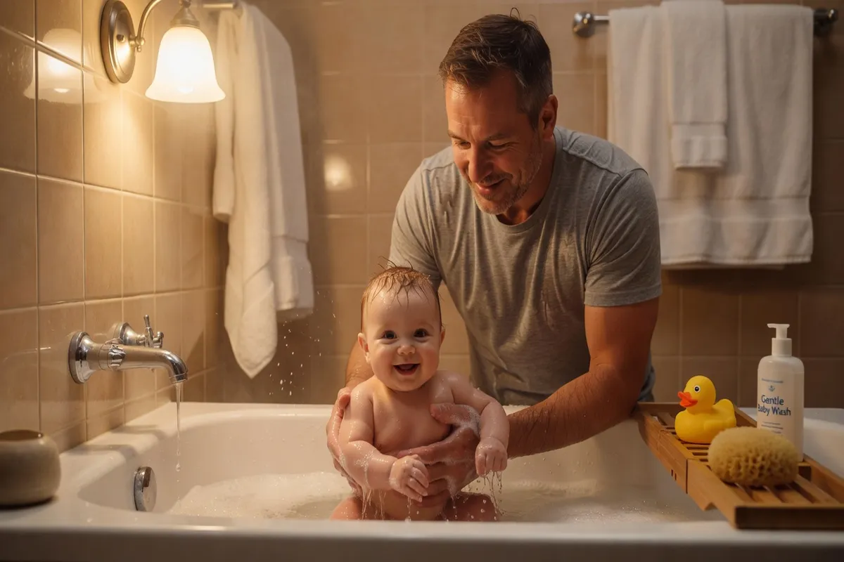 Père donnant le bain à son bébé, soin attentif