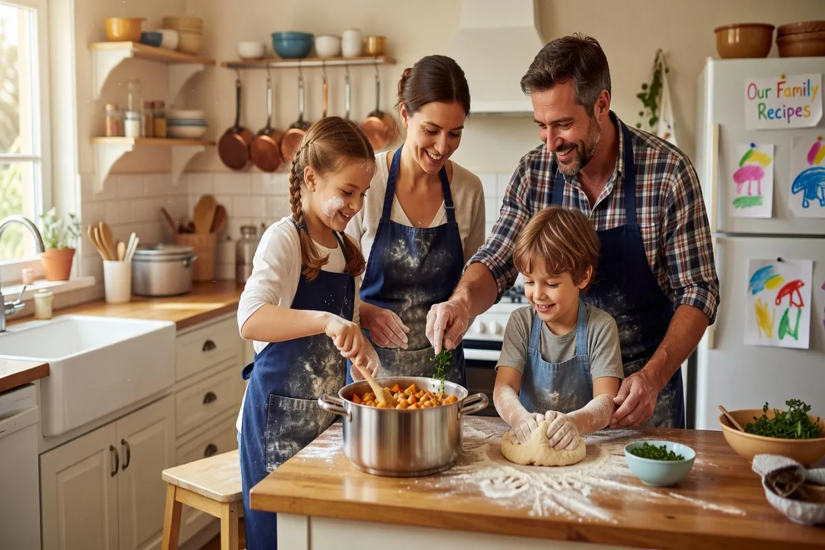 Famille cuisinant ensemble, enfants participant en cuisine