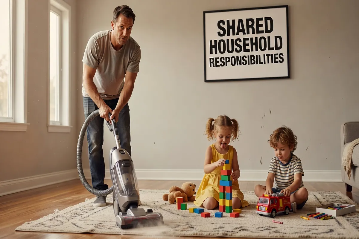 Père passant l'aspirateur pendant que les enfants jouent
