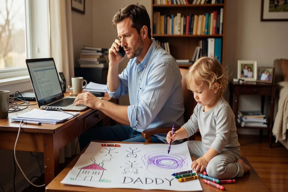 Père en appel de travail pendant que l'enfant dessine à côté