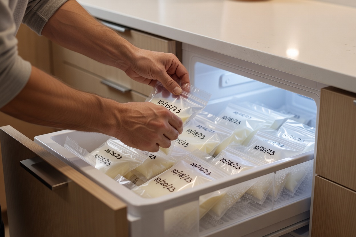 Père rangeant des sachets de lait maternel étiquetés dans le congélateur