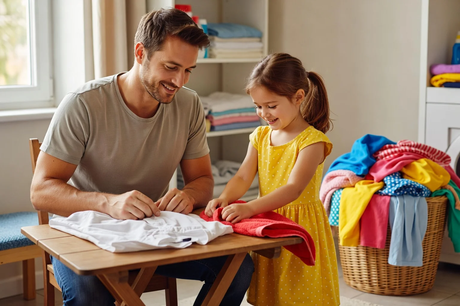 Père pliant du linge coloré avec sa fille à ses côtés dans une buanderie lumineuse, panier de linge ouvert