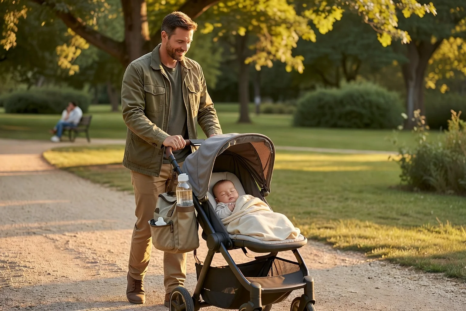 Père promenant son bébé dans une poussette dans un parc en fin d'après-midi, lumière dorée, sac à langer accroché à la poignée