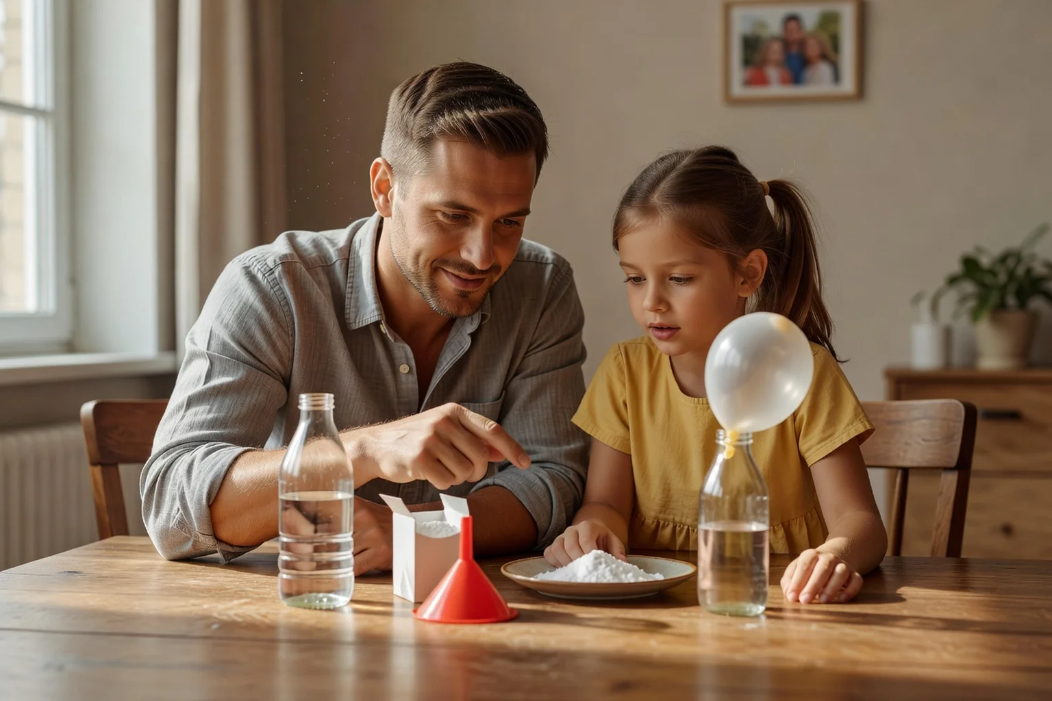 Père réalisant une expérience scientifique simple avec sa fille à la table de la salle à manger, récipients et cahier d'expériences ouverts