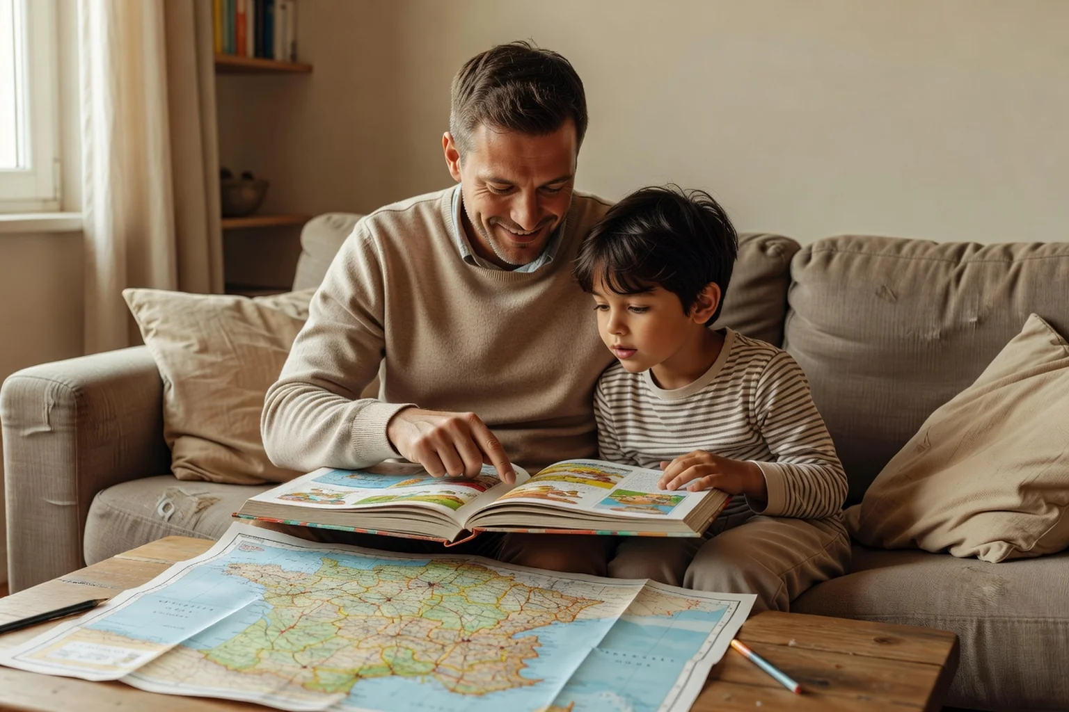 Père et enfant étudiant une carte de France posée sur la table du salon, livre de géographie ouvert