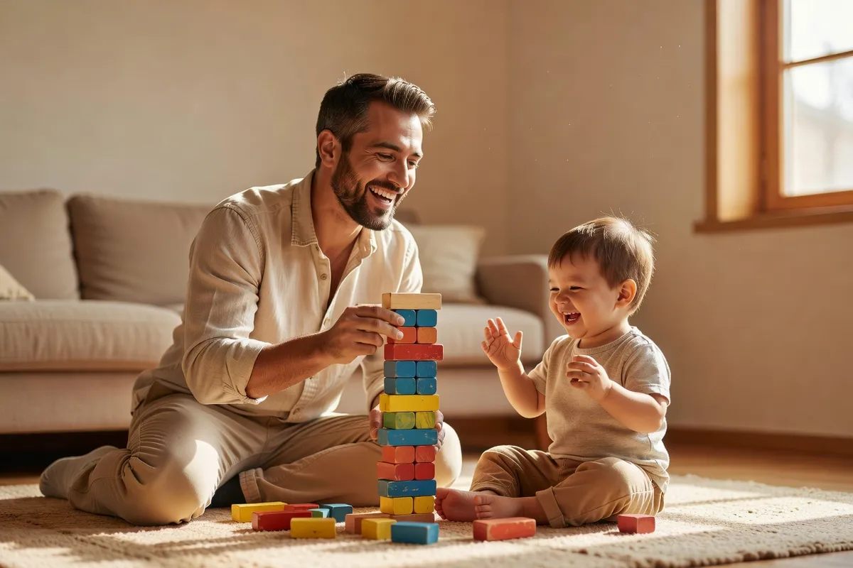 Père agenouillé sur un tapis de salon qui empile des cubes en bois avec un petit enfant en train de rire