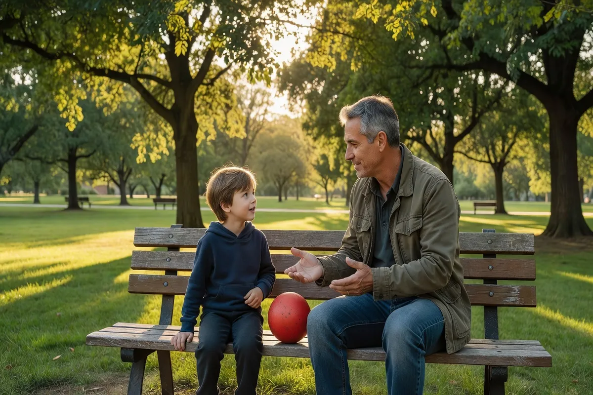 Père et enfant discutant d'empathie après un incident, résolution pacifique