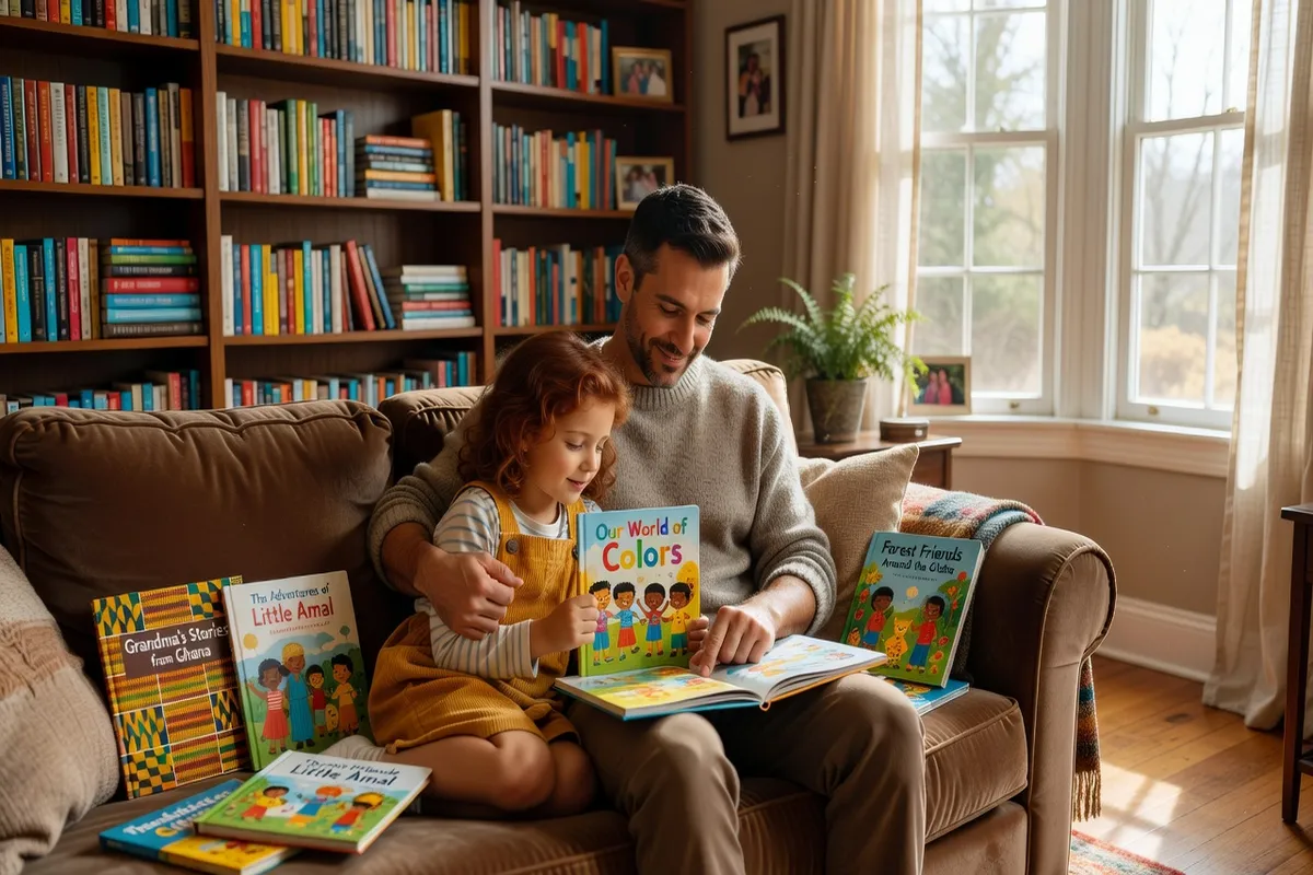 Père et enfant découvrant des albums illustrés diversifiés
