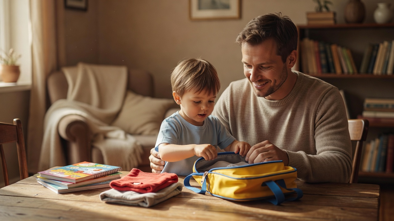 Père et enfant préparant ensemble le cartable de maternelle