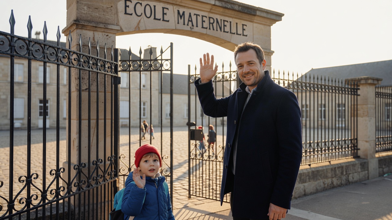 Père accompagnant son enfant devant l