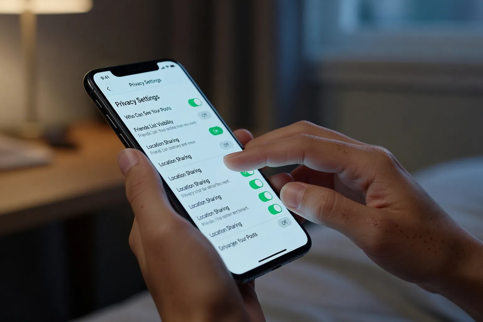 Adolescent réglant les paramètres de confidentialité de son compte sur smartphone