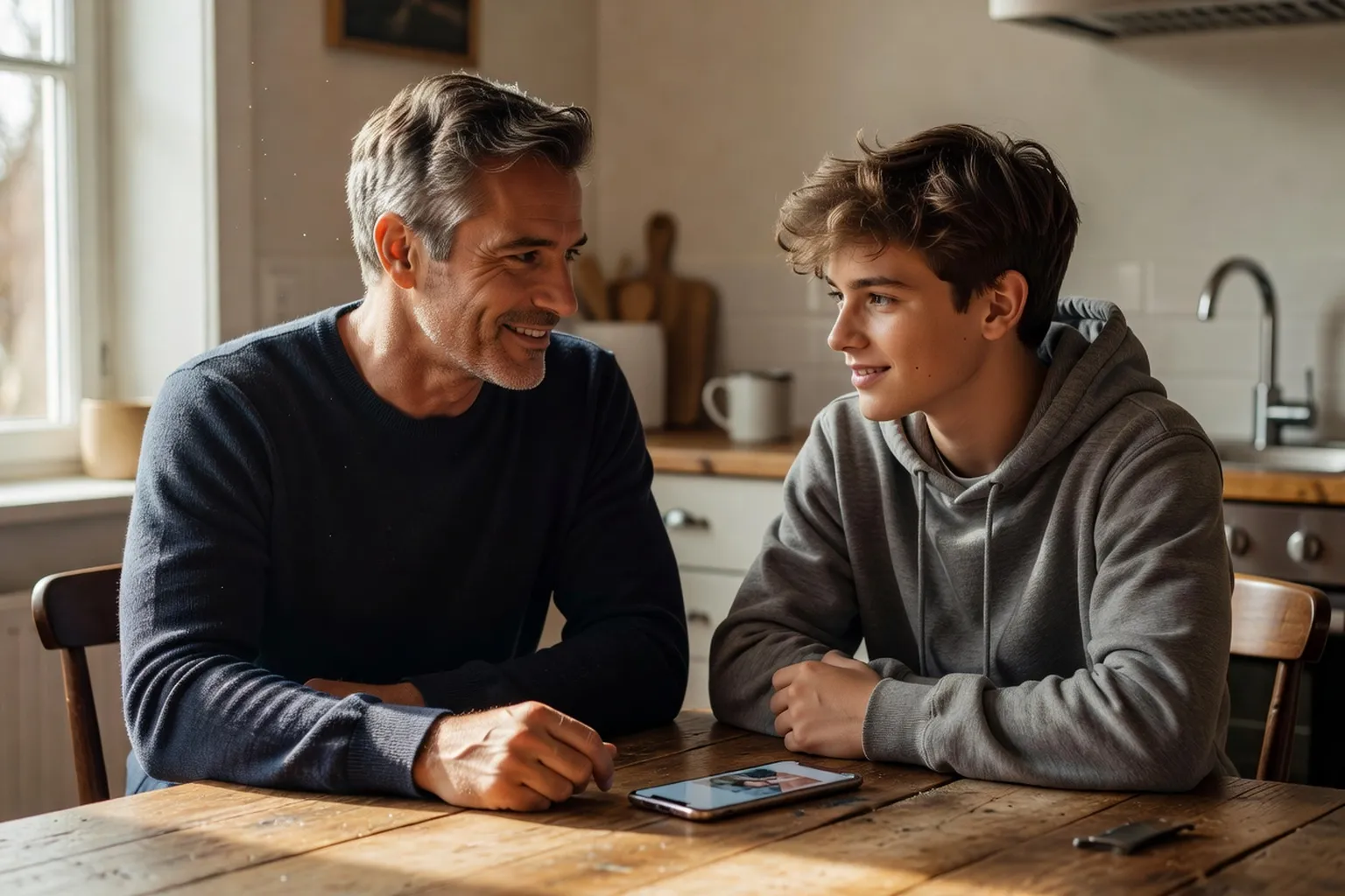 Père et adolescent discutant calmement autour d’un smartphone