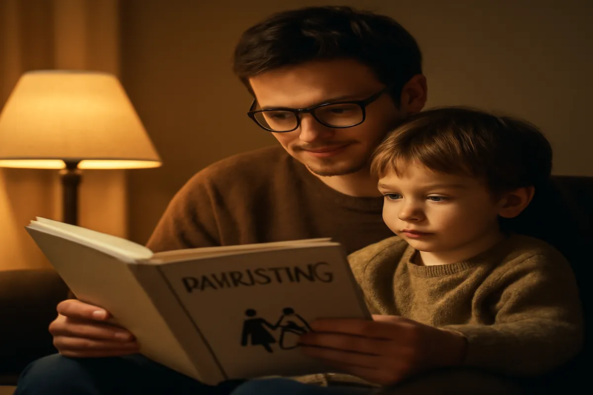 Papa lisant un guide de parentalité, enfant endormi à côté